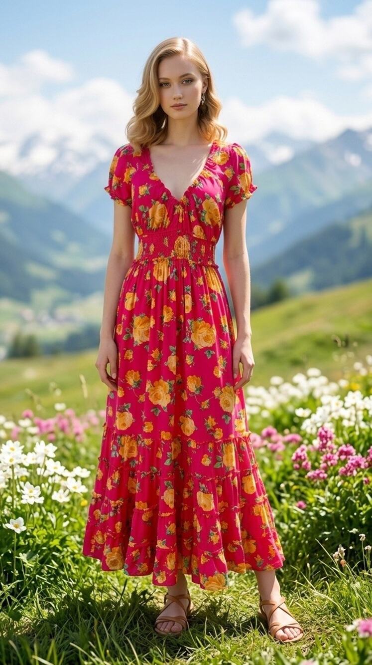 VTG Betsey Johnson Size XL Pink Rose Floral Cotton Smocked Tiered Maxi Dress